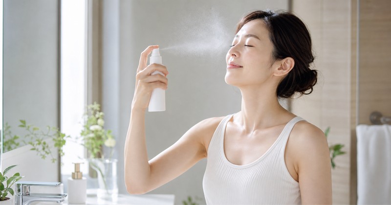 洗顔後の肌にミスト化粧水を吹きかける女性