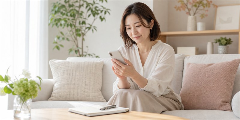 スマホで定期コースの手続きを確認する女性